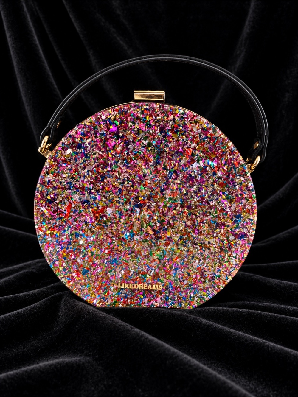 Like Dreams Circular Purse in Black with Multicolored Glitter